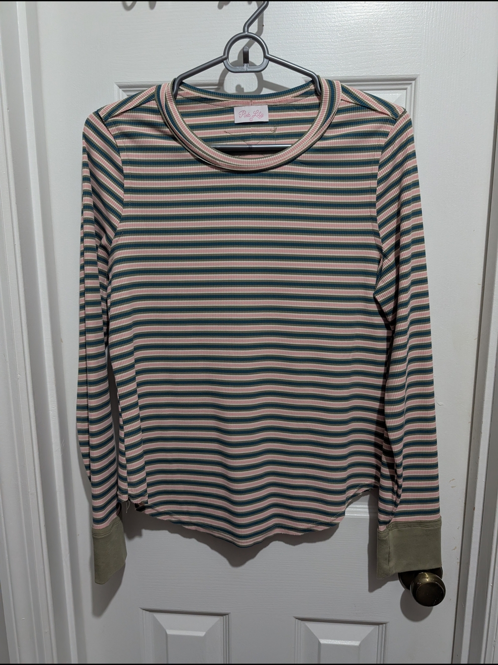 Pink Lily Striped Long Sleeve Top in Pink and Green